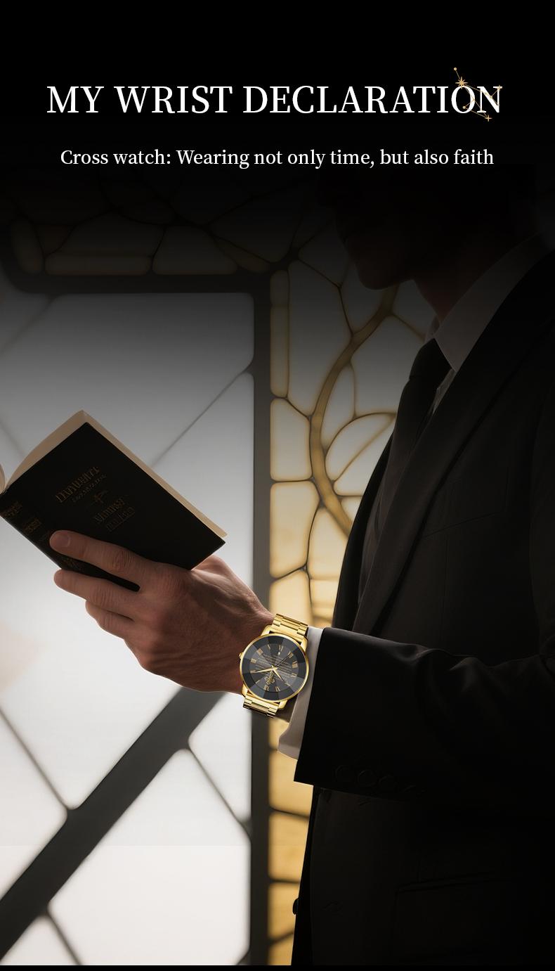 【Holiday Haul】Men's and Women’s Watch with Bible Verse and Cross Design, Waterproof Stainless Steel Band, Business Casual Style, Gold Sapphire Crystal, Perfect Gift for Birthdays, Christmas, and Halloween Quartz Chronograph Rhinestone