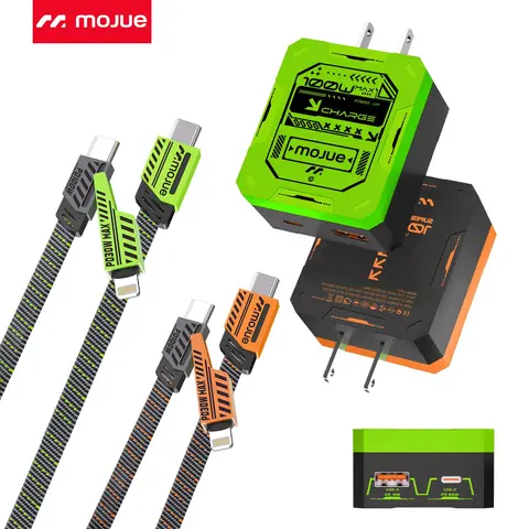MOJUE 2-Pack 100W Durable High Efficiency Portable Phone Charger Set - Nylon Braid Anti-Tangle 3-in-1 Mecha Style Cable, Dual USB-C & USB-A Wall Charger, Compatible with Mobile Smartphone, iPhone/iPad (18/17/16/15/14/13), Samsung Galaxy, Android Devices