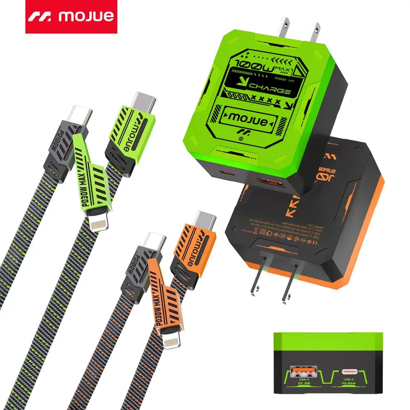 MOJUE 2-Pack 100W Durable High Efficiency Portable Phone Charger Set - Nylon Braid Anti-Tangle 3-in-1 Mecha Style Cable, Dual USB-C & USB-A Wall Charger, Compatible with Mobile Smartphone, iPhone/iPad (18/17/16/15/14/13), Samsung Galaxy, Android Devices
