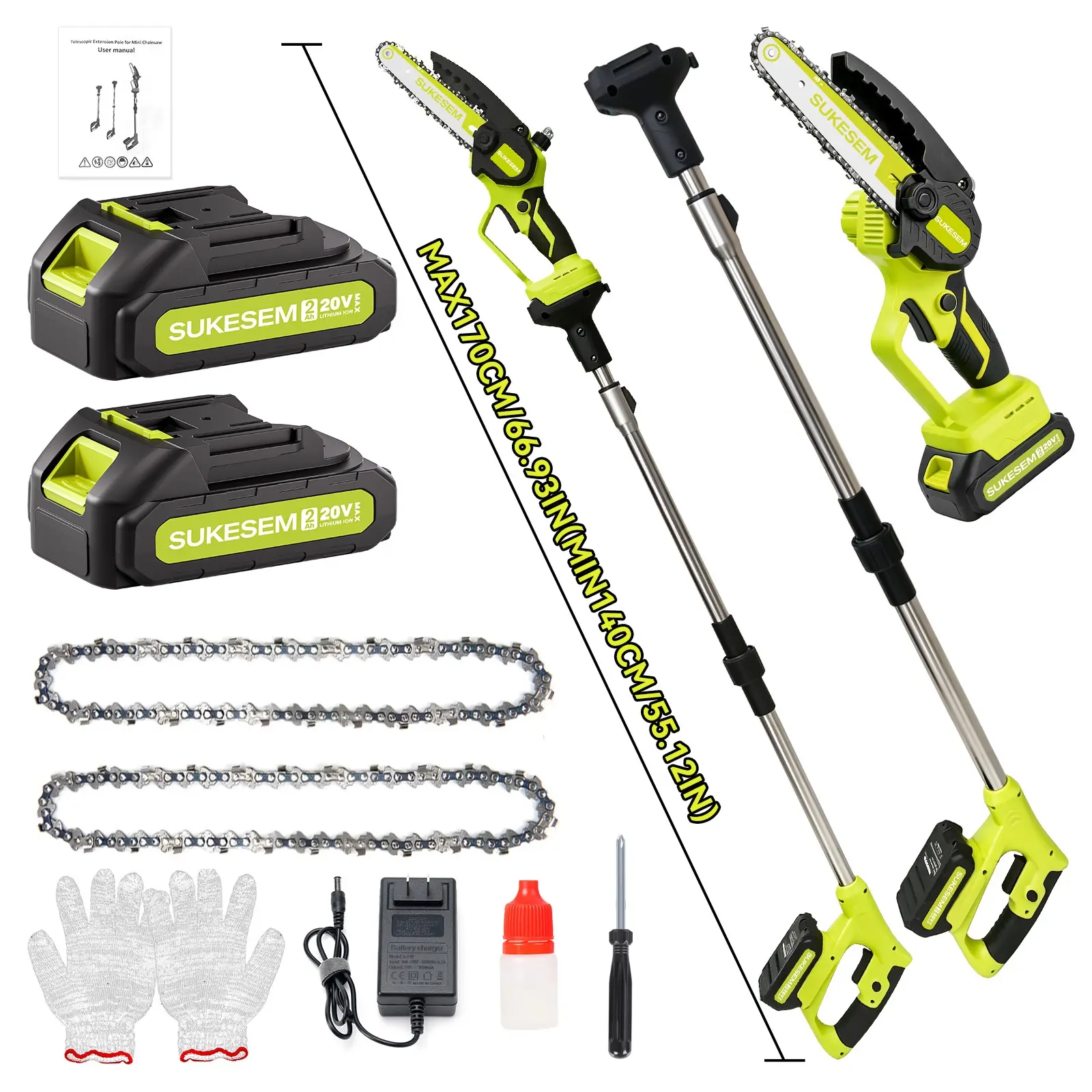 SUKESEM 2-in-1 Cordless Pole Saw - 6 in Brushless Mini Chainsaw with Extension Pole, Lightweight Tools and Gadgets, Handheld Grip, Plastic Body for High Tree Branch Pruning (No Ladder Needed)