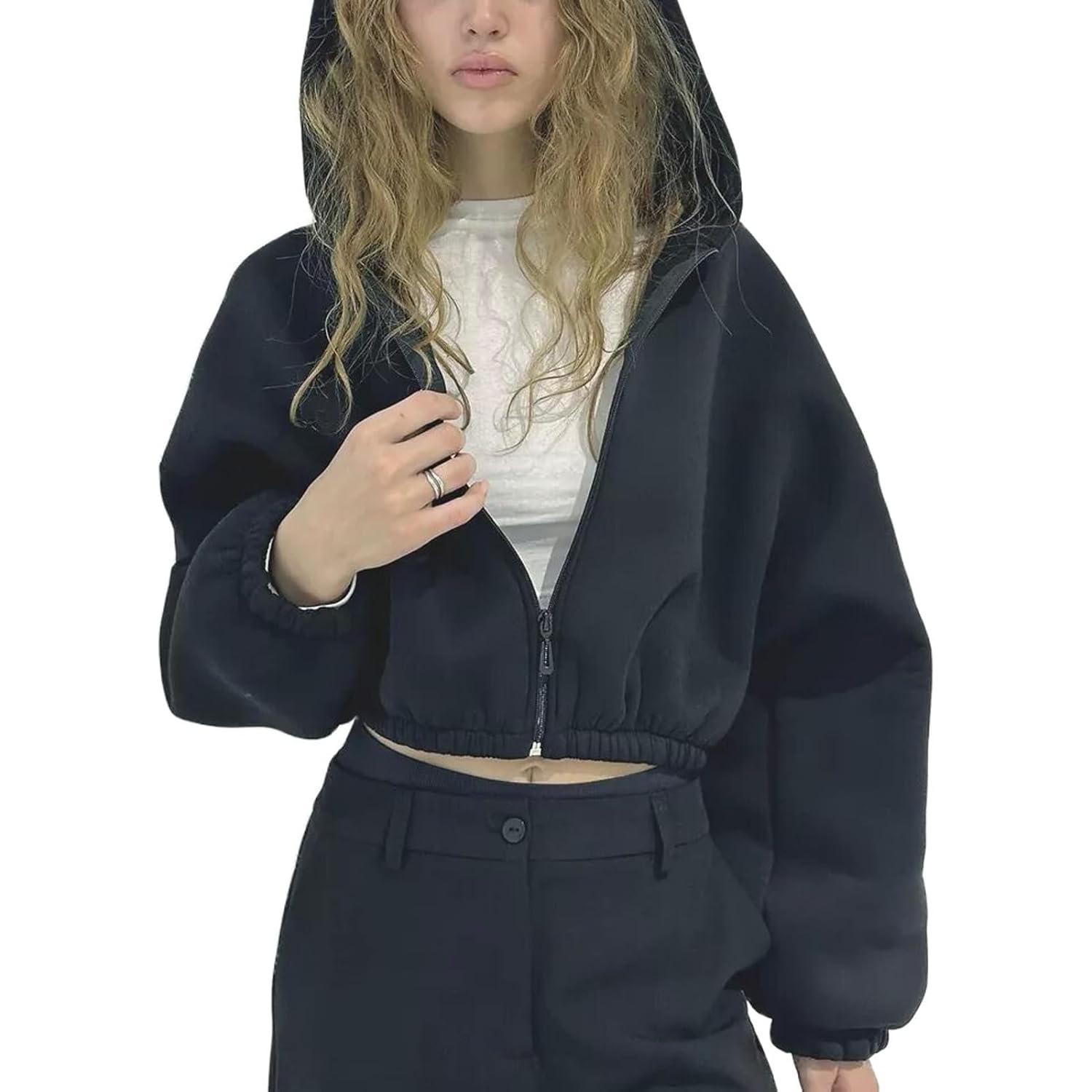 BIGWIG Cropped Zip Up Hoodies for Women Oversized Long Sleeve Casual Loose Short Sweatshirt 90s Hooded Crop Jacket Top BIGWIG Cropped Zip Up Hoodies for Women Oversized Long Sleeve Casual Loose Short Sweatshirt 90s Hooded Crop Jacket Top