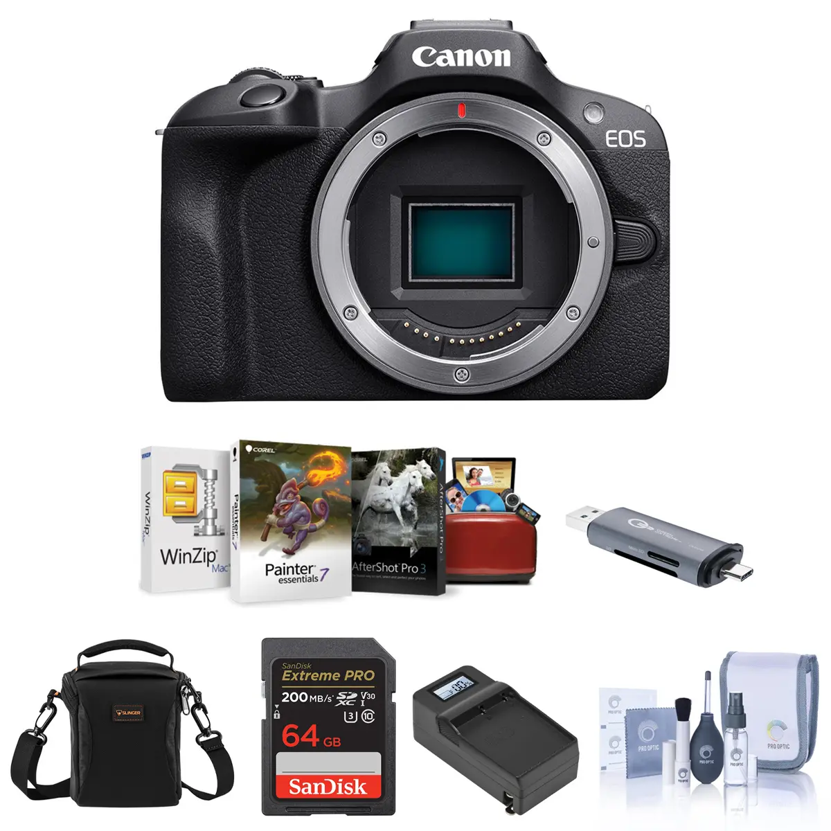 Canon EOS R100 Wireless Bluetooth Compact Mirrorless Camera Bundle - 0.39-in CMOS Sensor, 6.5 Shots Per Second, 64GB Memory Card, Smart Charger Base, Photography Software Kit, Eye Detect AF, Single Unit, iOS/Android Compatibility for Enthusiasts