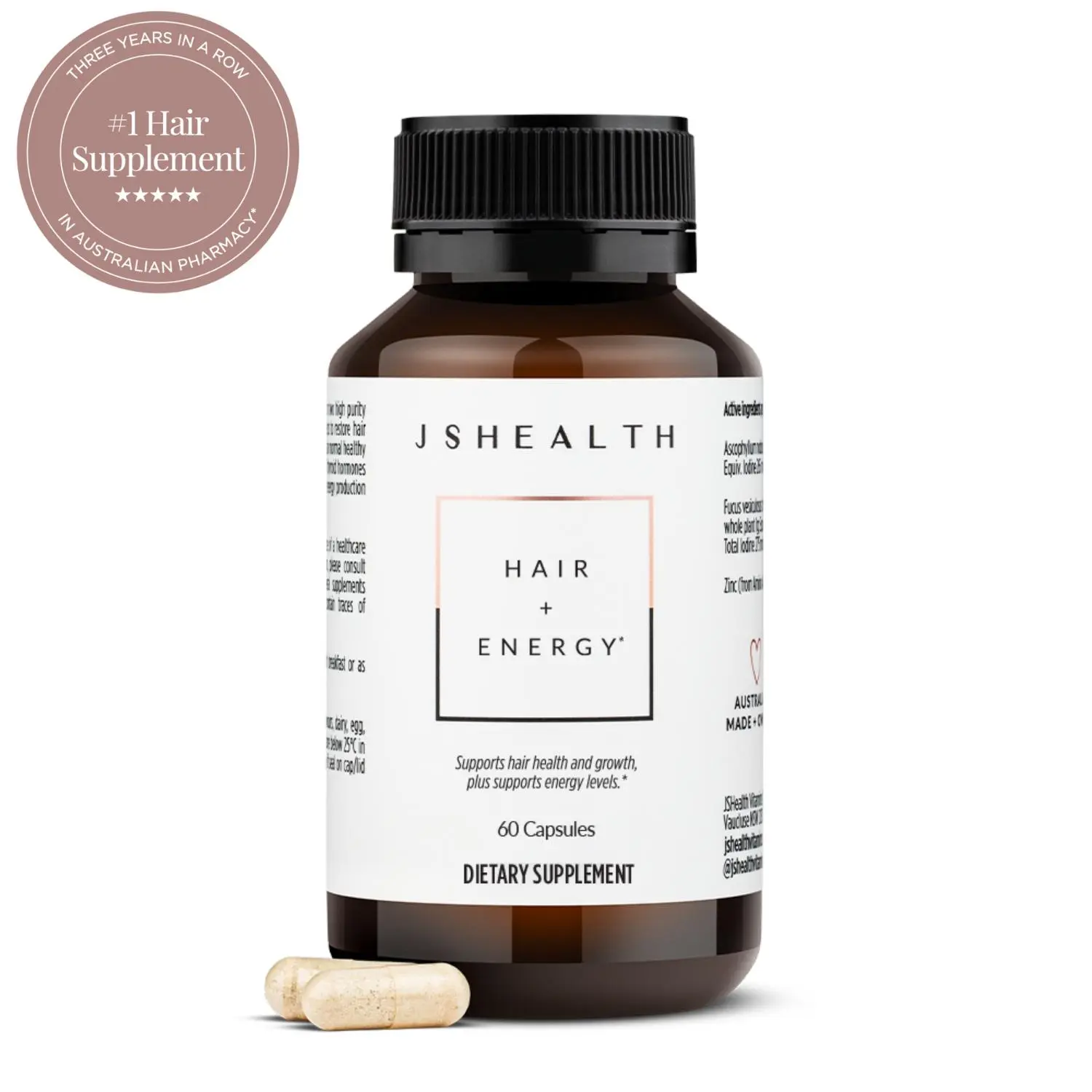 JSHealth Hair + Energy Vitamins with Zinc & Iodine - Nourishing Hair Growth Supplement for Men & Women 60 Capsules Biotin Wellness