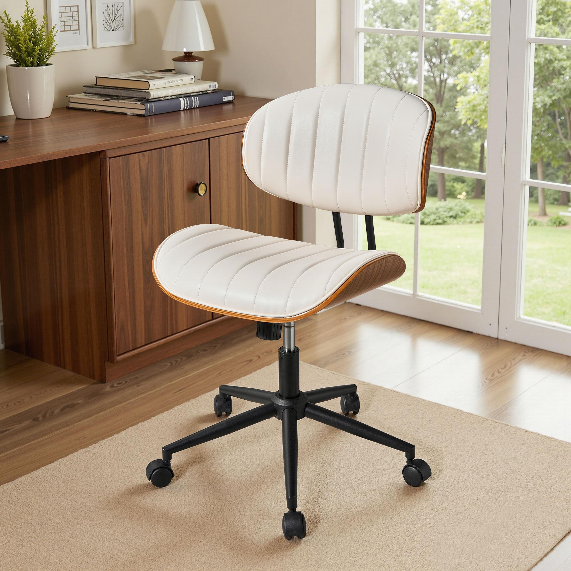 【Stock Up Sale】Ovios Wide Curved Seat&Back Armless Home Office Chair, Adjustable-Height Desk Chair, 360° Swivel&Tilting Function, PU Fabric Stylish Walnut Task Make Up Chair for Meeing Room,Dining Room