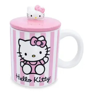 Sanrio Hello Kitty Pink Stripes Ceramic Mug With Lid | Holds 18 Ounces
