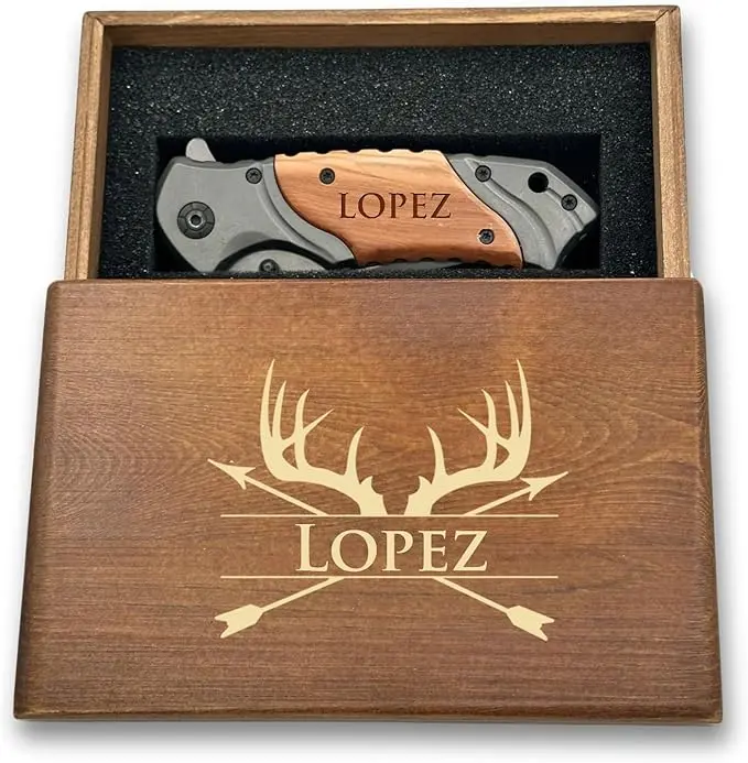 Engraved Pocket Folding Knife for Men with Wooden Box - Custom Personalized Camping Gear, Ideal Father's Day, Memorial Day, Boyfriend Birthday Gift (Grey)