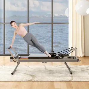 Pilates Reformer Machine for Home Gym Workout, Foldable Pilates Equipment with High Strength Alloy Springs for Beginners, Up to 330lbs,Beige , black , pink