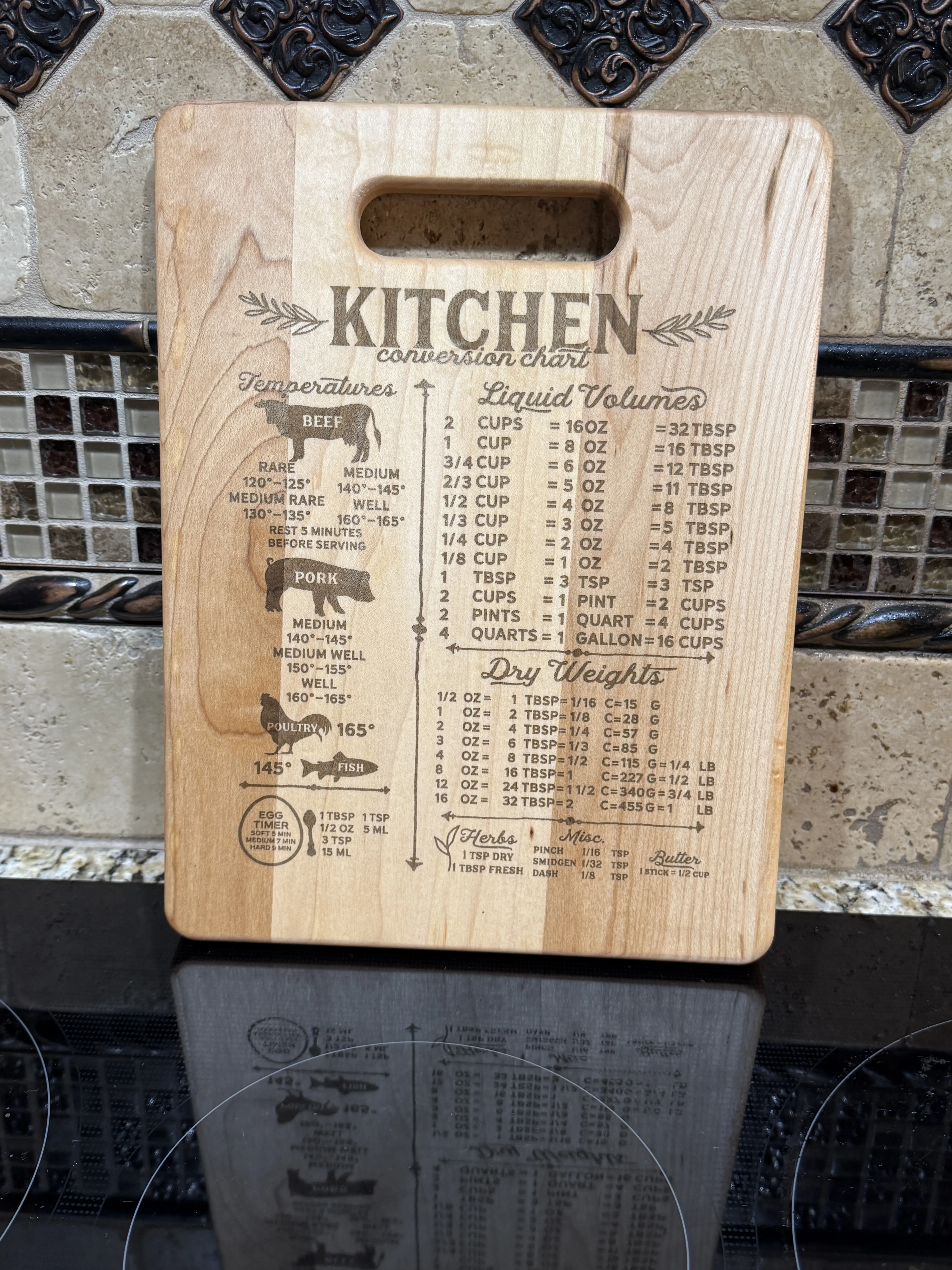 Maple Wood Chopping Board - 11 1/2”x8 3/4” Rectangular Kitchen Board with Engraved Conversion Chart, Grip Handle, Wedding Gift Option for Everyday Cooks, Housewarming Present, Kitchenware Display Item, Bamboo