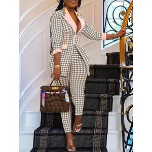 Two-Piece Set Women's Houndstooth Print Blazer & Skinny Pants, Elegant Fashion Casual Comfy for Daily Outdoor Wear, Ladies Clothes for All Seasons