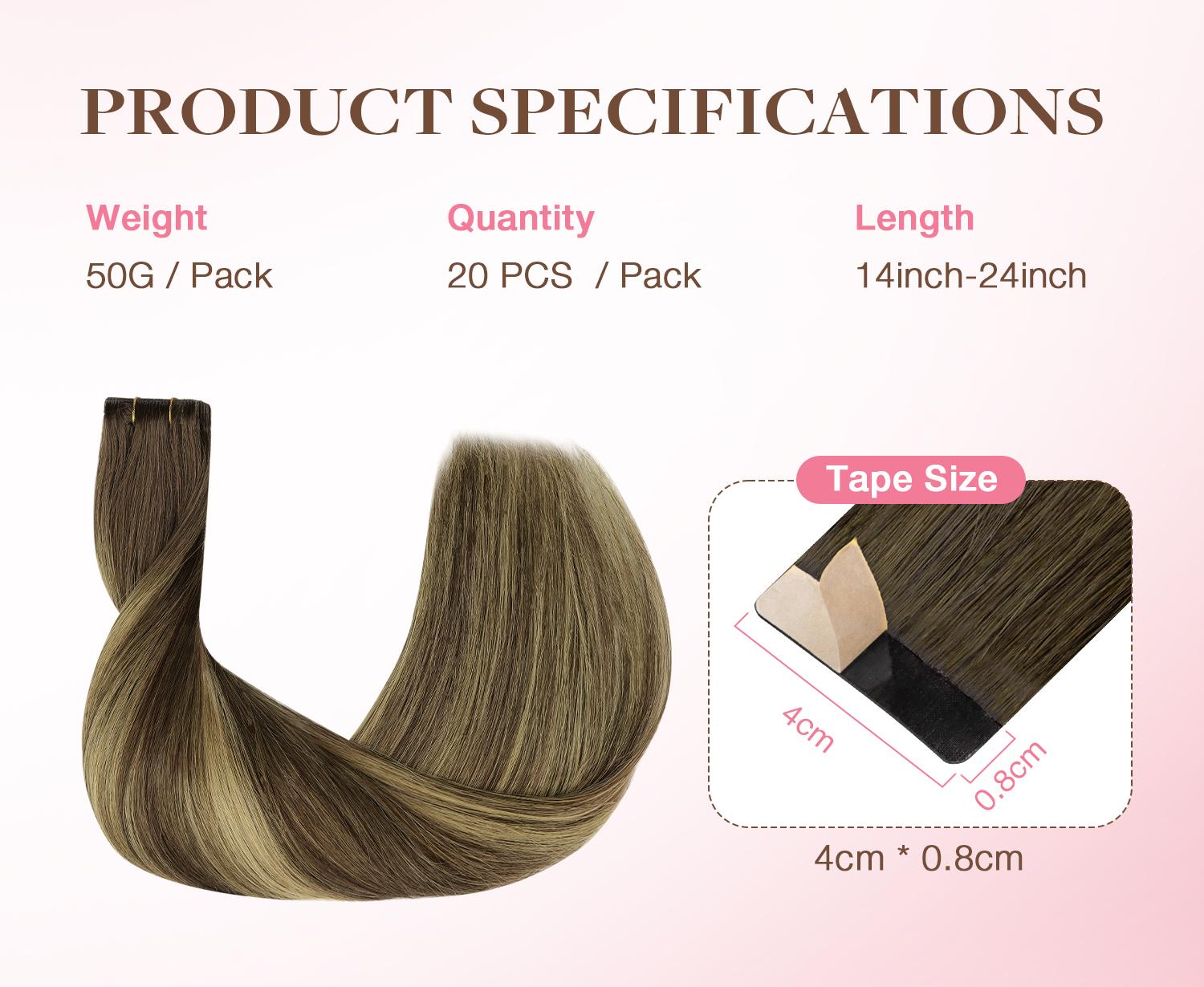 GOO GOO Invisi Edge Tape in Hair Extensions Straight Human Hair, 14inch-24inch 20pcs 50g, Seamless Injected Tape, Virgin Remy Hair, Natural Look