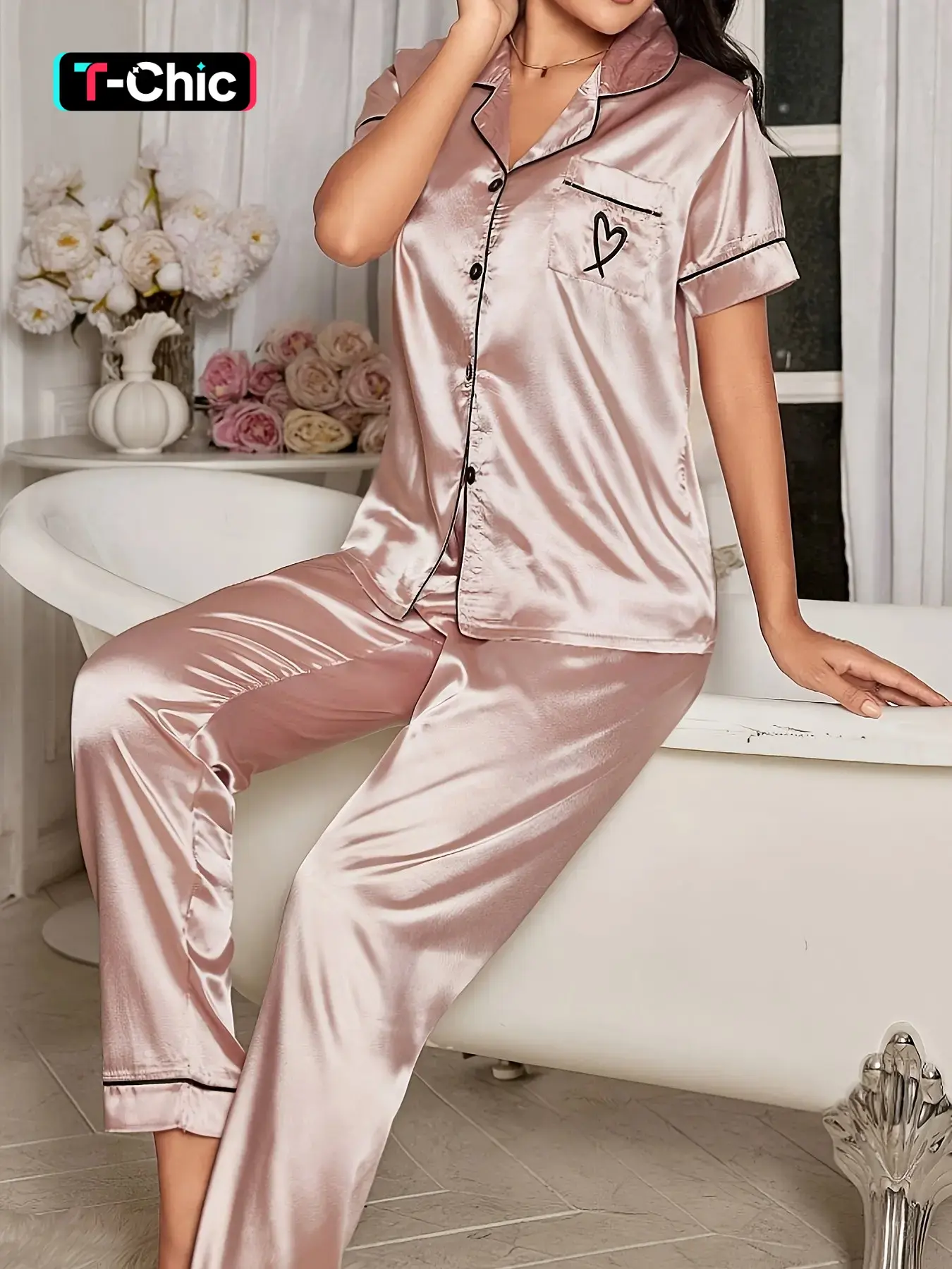Valentine's Day Embroidered Heart Champagne Color Women's Collared Homecoming Set, Matching Outfit Set, Casual Loose-Fitting Short Sleeve Top Long Pants, All Seasons Womenswear, Match Style Set, Top Sets