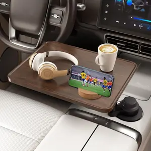 Car Tray Table & Car Laptop Desk with 360° Rotation & Phone Holder - Wooden Cup Holder Table, Car Laptop Mount & Food Tray Compatible with Tesla Model Y/3/S and Most Vehicles