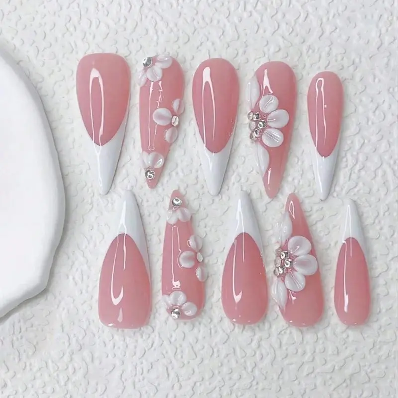 Elegant French Almond False Nails with 3D Flower Rhinestones, Acrylic Nail Tips for Holidays & Everyday Wear, Perfect Gift for Women & Girls