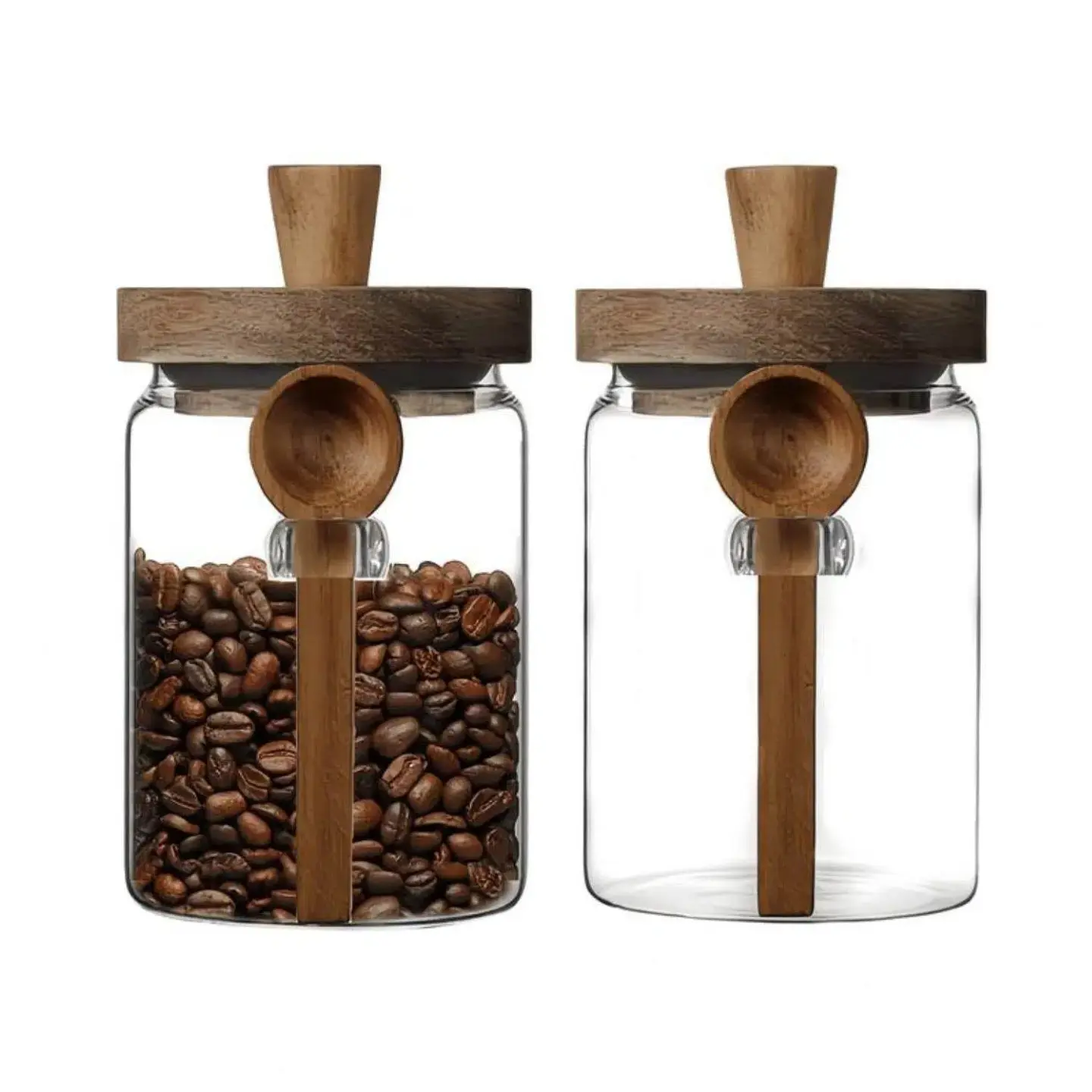 MIUVA Round Glass Airtight Food Storage Canister 20.3oz - Bamboo Wooden Lid with Handy Scoop, Portable Kitchen Preserving Container for Coffee, Spice, Silicone Utensils
