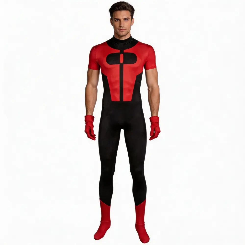 Oliver Grayson Red Black Viltrumite Bodysuit Cosplay Costume Set with Red Gloves for Comic Con