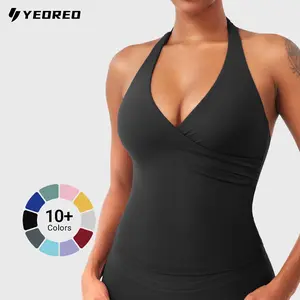 YEOREO Womens Halter Tank Tops Workout Impact Longline Strappy Top Padded Deep V Neck Wrap Gym Backless Bra Camisole