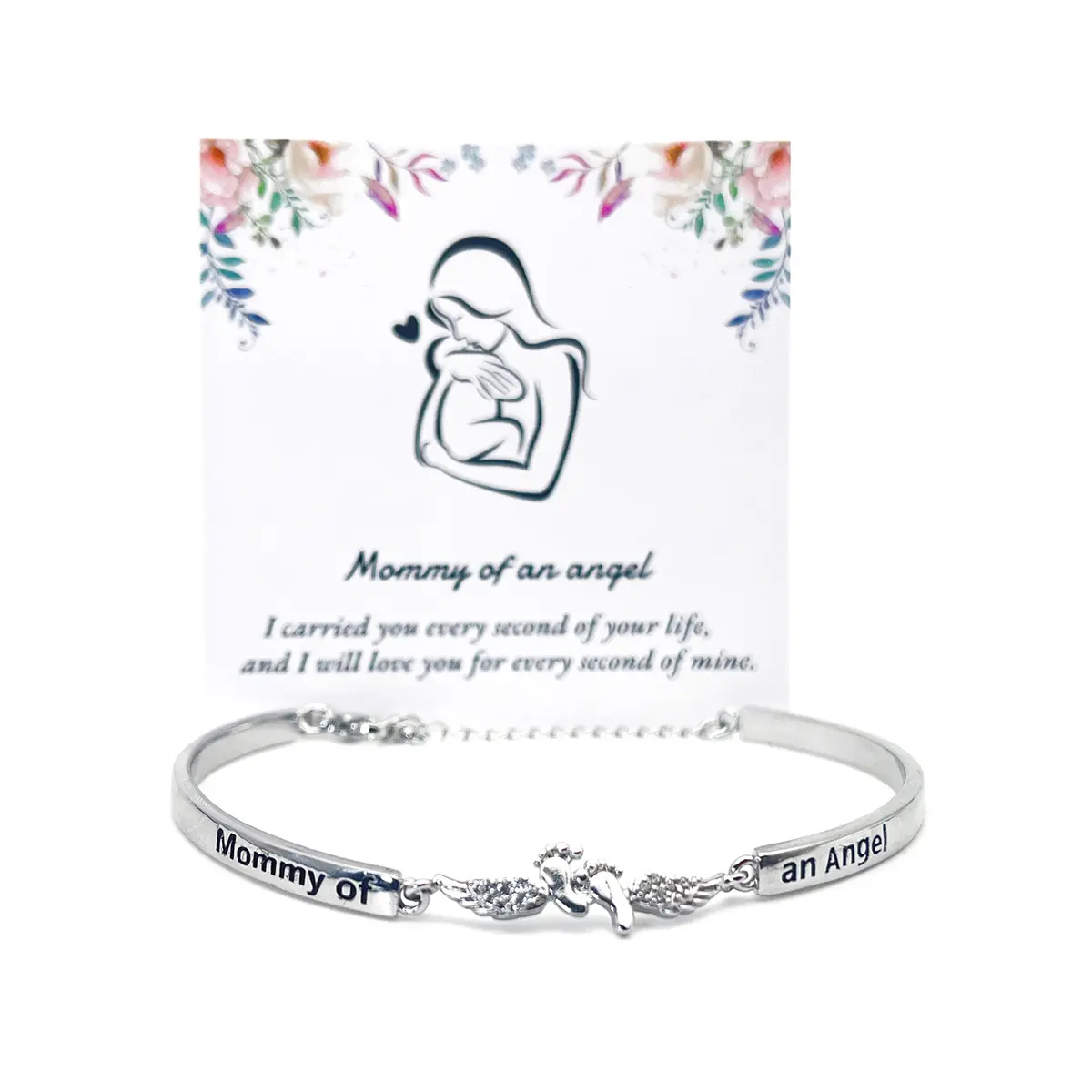 Adjustable Memorial Bracelets for Mothers, Crystal Angel Wing Bangle with Engraved Angel Mom Text and Baby Footprint, Hypoallergenic Alloy Jewelry, Adjustable Bracelets, Angel Mom Engraved