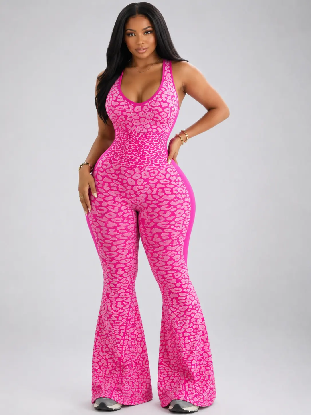 Sculpt Touch Snatch Leopard Print Bodycon Flare Jumpsuit for Confident Curve-Hugging Style
