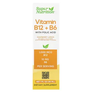 Super Nutrition Vitamin B12 as Cyanocobalamin with Vitamin B6 and Folic Acid, Raspberry Lemon, 1 fl oz (30 ml)
