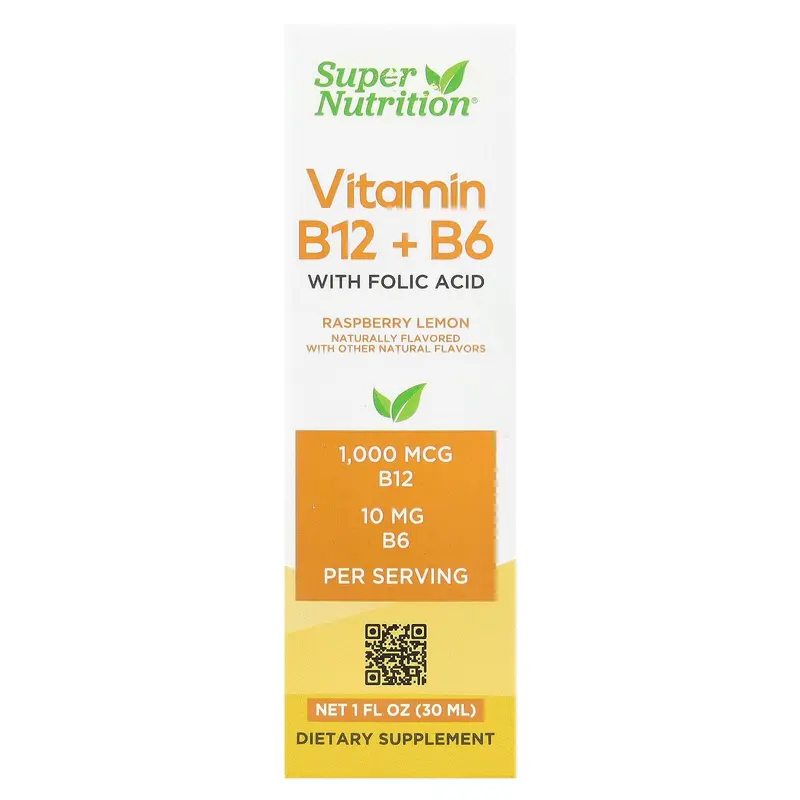 Super Nutrition Vitamin B12 as Cyanocobalamin with Vitamin B6 and Folic Acid, Raspberry Lemon, 1 fl oz (30 ml)
