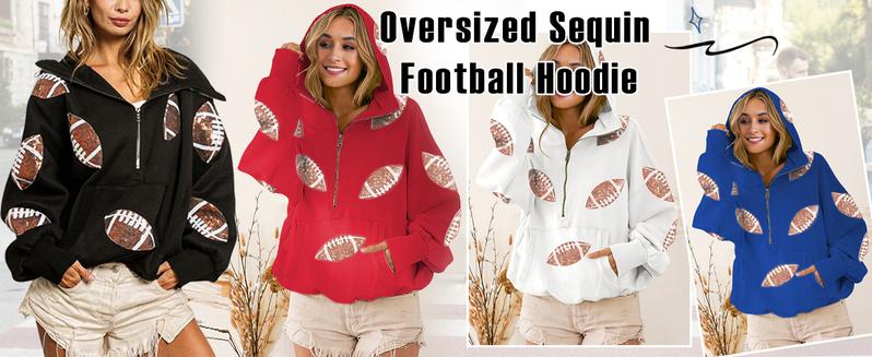 UANEO Women's Game Day Sequin Hoodie Football Pullover Casual Long Sleeve Zipper Sweater with Front Pocket Black Cotton Tops