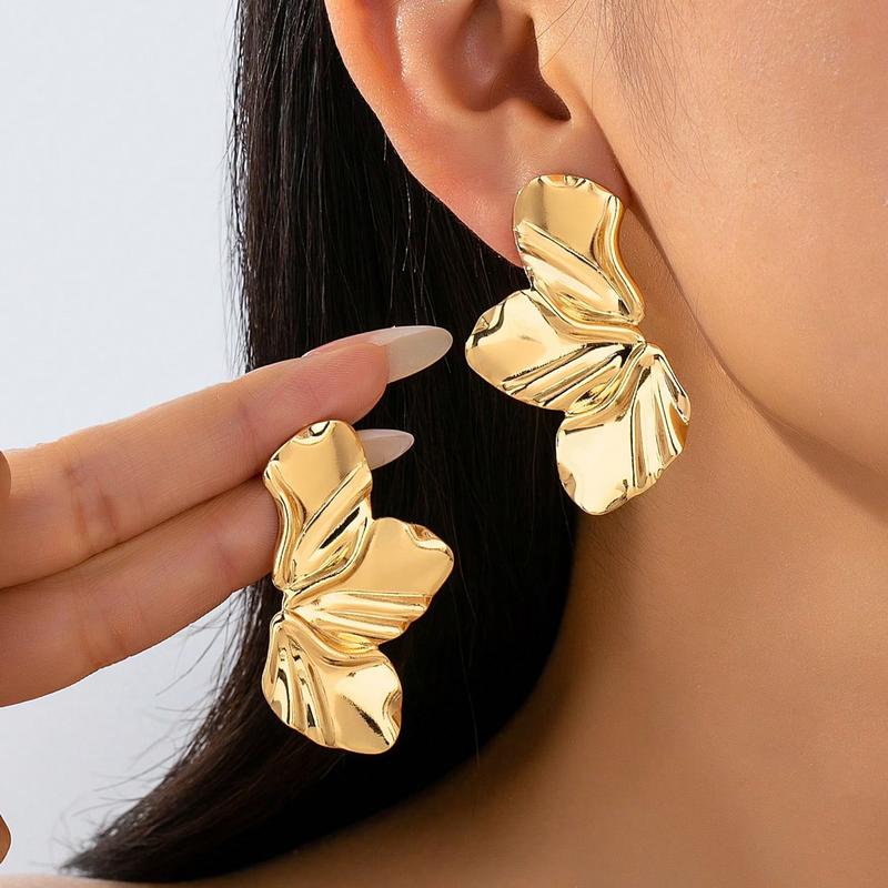17KM 14K Gold Plated Flower Leaf Earrings ，Bold Irregular Chunky Dangle Statement Jewelry Set for Women