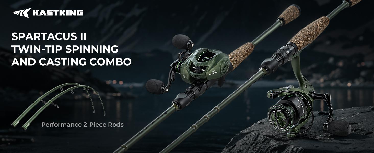 KastKing Spartacus II Twin-Tip Fishing Rod and Reel Combo, Spinning & Casting Combo, Fishing Poles and Reels Combo, KastFlex IM6 Graphite Blanks, 2-Piece Rods with Extra Tips