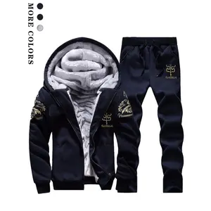 Men's Letters Print Zip Up Hooded Jacket & Pants Thermal Lined Set, Casual Regular Fit Long Sleeve Zip Front Outerwear & Trousers, Men's Two-piece Outfits for Fall & Winter