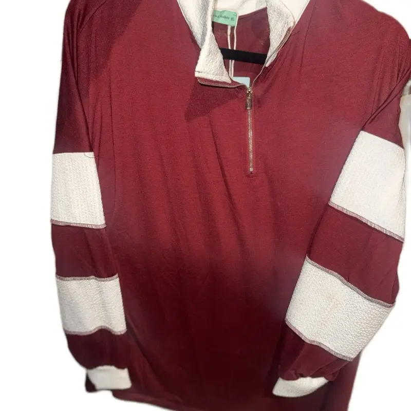 Maroon Varsity Sweater with White Stripes and Zipper Closure for Casual Wear