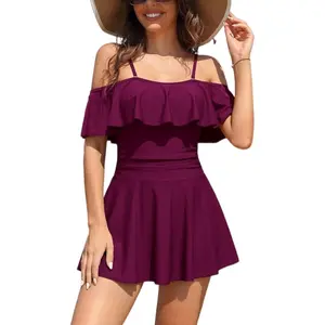 Women's Off-Shoulder Ruffled Flounce Swim Skirt Ruched One Piece Swimdress with Adjustable Straps & Shirring Detailing for Water Activities