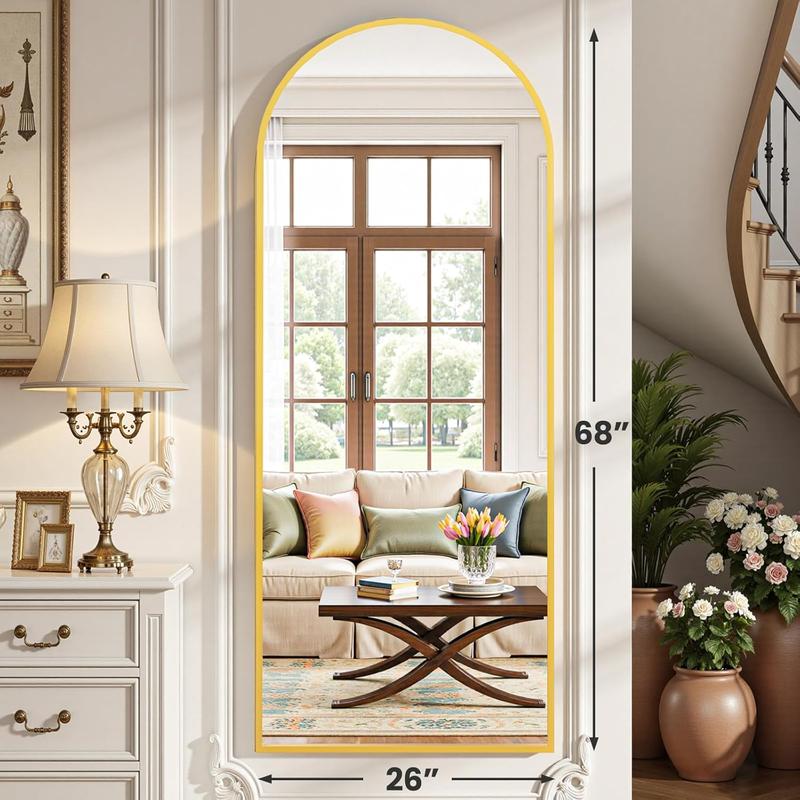 Extra Large Arched Floor Mirror | 68x26 Inch Full Body Mirror with Stand, Wall Mountable for Luxury Bedroom & Living Room