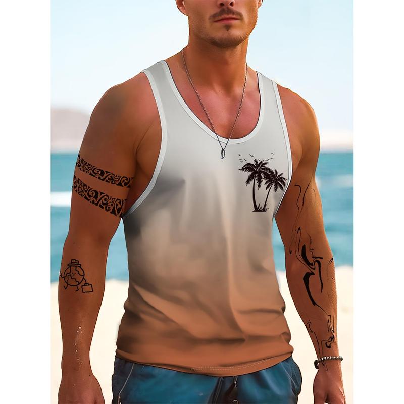Men'S Hawaiian-Style Tropical Beach Gradient Coconut Tree 3D Print Sleeveless Tank Top - Fitness, Vacation, Home & Outdoor Sportswear, Adult, Hanzunpin Brand, Summer Casual Wear, Beach Wear |   Tropical Print Top |   Comfortable Fit, Beach Wear
