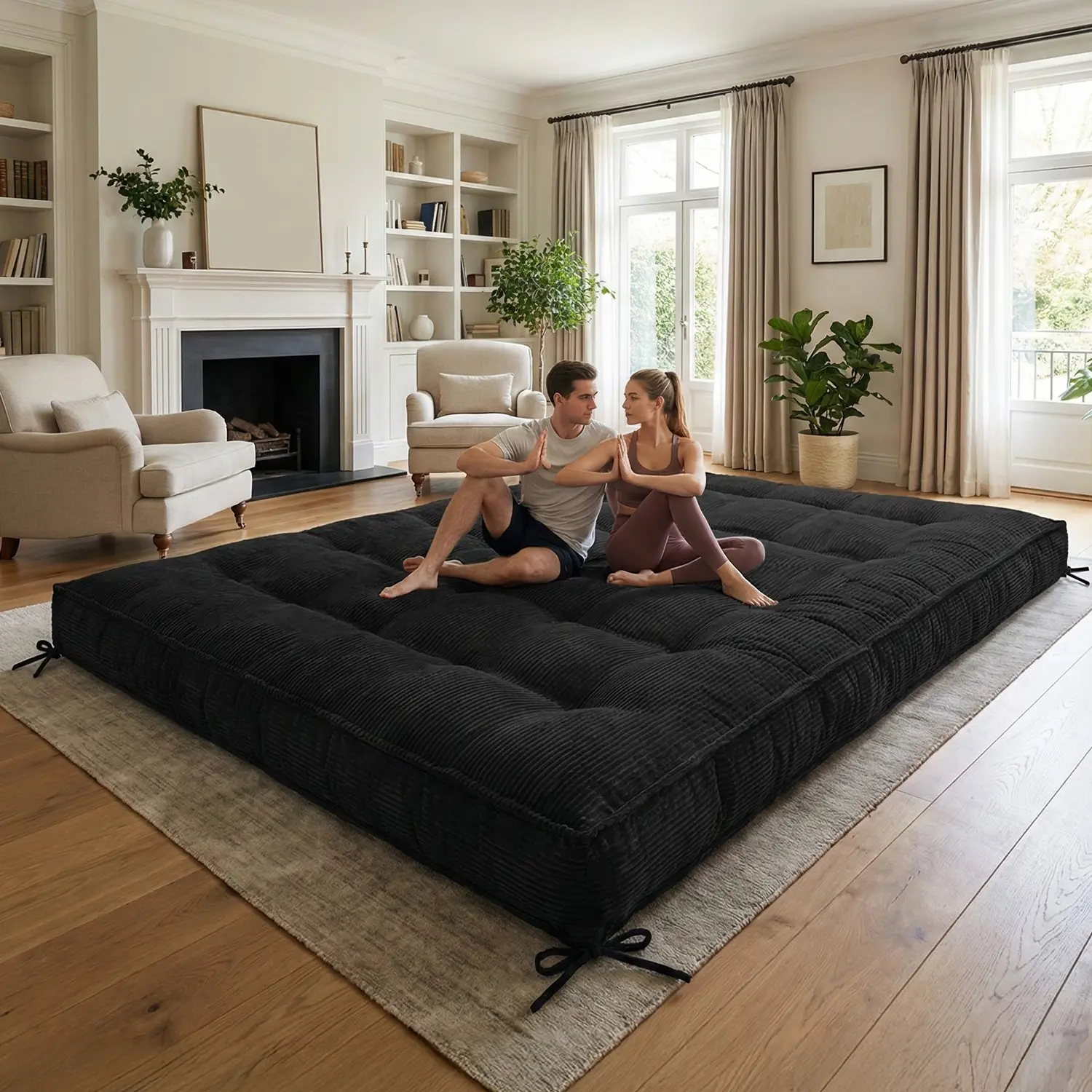 Winzoo 8" Extra Thick Corduroy Futon Mattress Sofa Bed - Effortless, Luxurious, Flatbed, No-Assembly, Space-Saving Futon Sets with Straps, Shredded Foam Filling, Premium Support for Adults, Roll-Up Folding Living Room Upholstered Couch, Effortless Futon S