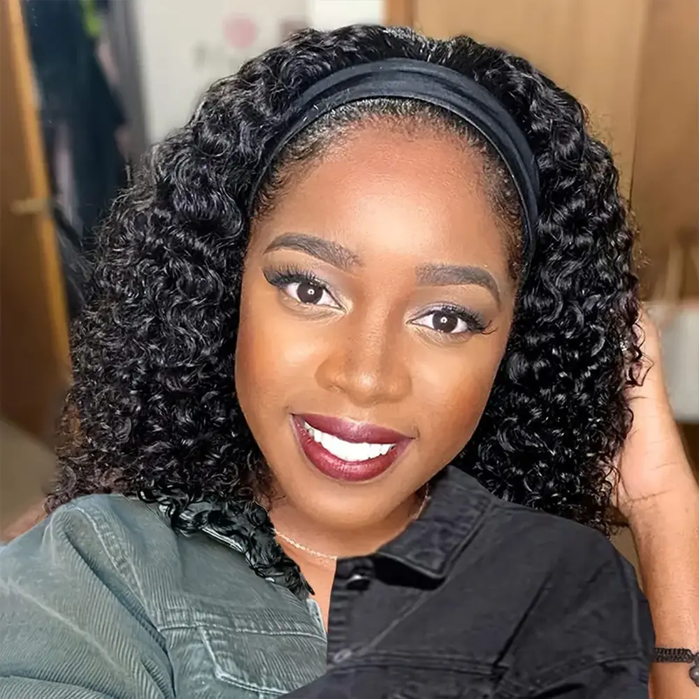 IVROSEHAIR 12 Inch Deep Wave Kinky Curly Headband Wig Glueless Synthetic Hair Wig For Women Daily Party Use Machine Made Wigs