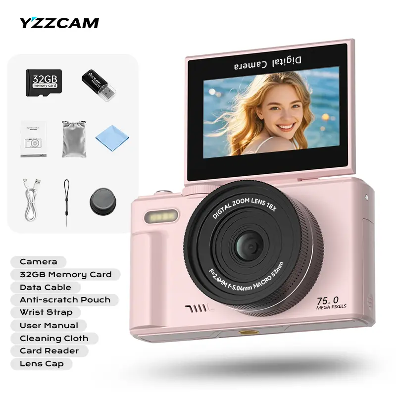 YZZCAM digital camera includes a free 32GB microSD card, 3-inch 180-degree flip screen, Wi-Fi transfer to smartphone, built-in beauty filter, and flash