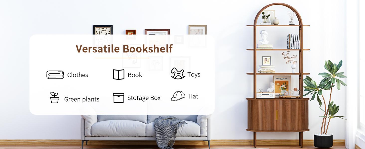 Giratree 71" Tall Fluted Arched Bookshelf with Sliding Tambour Doors, Mid Century Modern Curved Bookshelf Cabinet with Storage, 4-Tier Open Display Storage Shelf for Home Office, Living Room