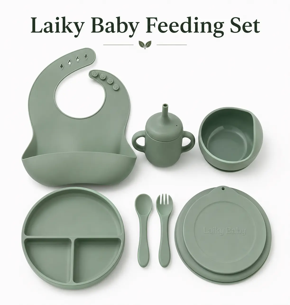 Laiky Baby Silicone Baby Feeding Set | Led Weaning Feeding Set – Suction Divided Plate with Lid, Bowl, Baby Utensils Spoon and Folk, Straw Cup and Adjustable Bib | Baby Feeding Essentials | CPC Certified | Spill-Free Baby Utensils