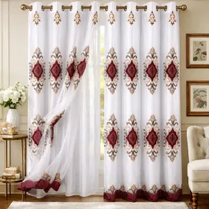 1pc White Sheer Curtains with Red & Gold Embroidered Medallion 84"x54" Luxury European Classic Window Drapes Elegant Ivory Fabric Burgundy Red Gold Baroque Pattern Light Filtering Airy Premium Home Decor for Living Room Bedroom