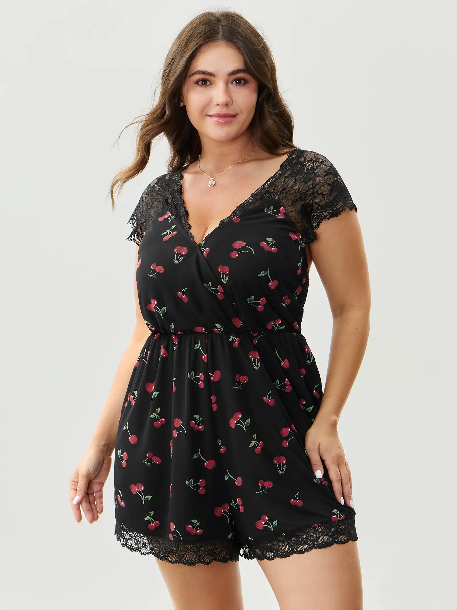 BloomChic Rompers for women, Romantic V-Neck Style with Cherry Pattern and Lace Cap Sleeves in a Regular Fit Polyester Fabric, Pocket, Print