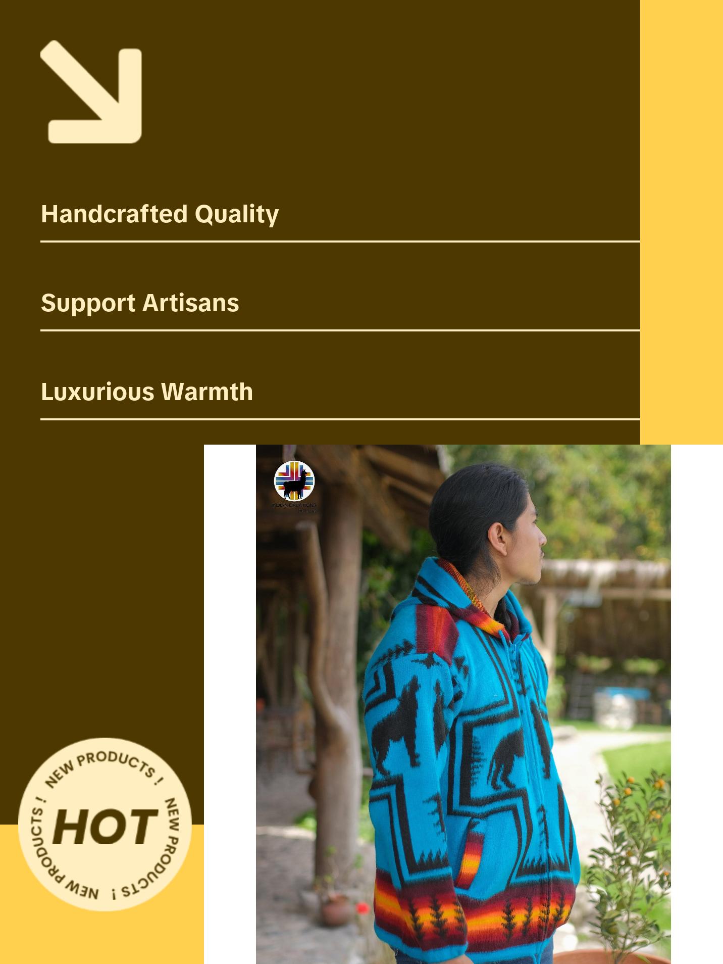 Blue Wolf Spirit Alpaca Wool Jacket. Handcrafted by Indigenous Hands. Super warm and soft. Machine Washable