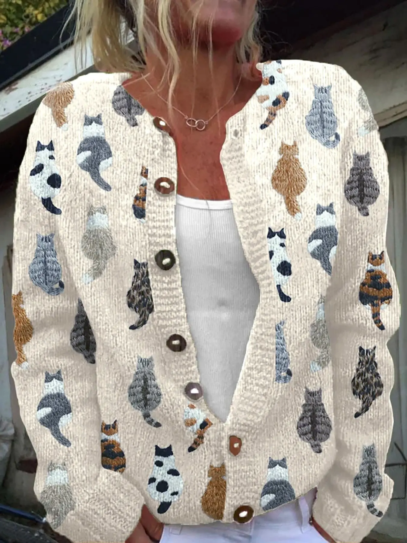 Women's Casual Cat Pattern Open Front Knitting Knitwear Bohemian Vibe Cardigan, Lightweight Long Sleeve Pullover with Buttons, All Seasons Loose-Fitting Top