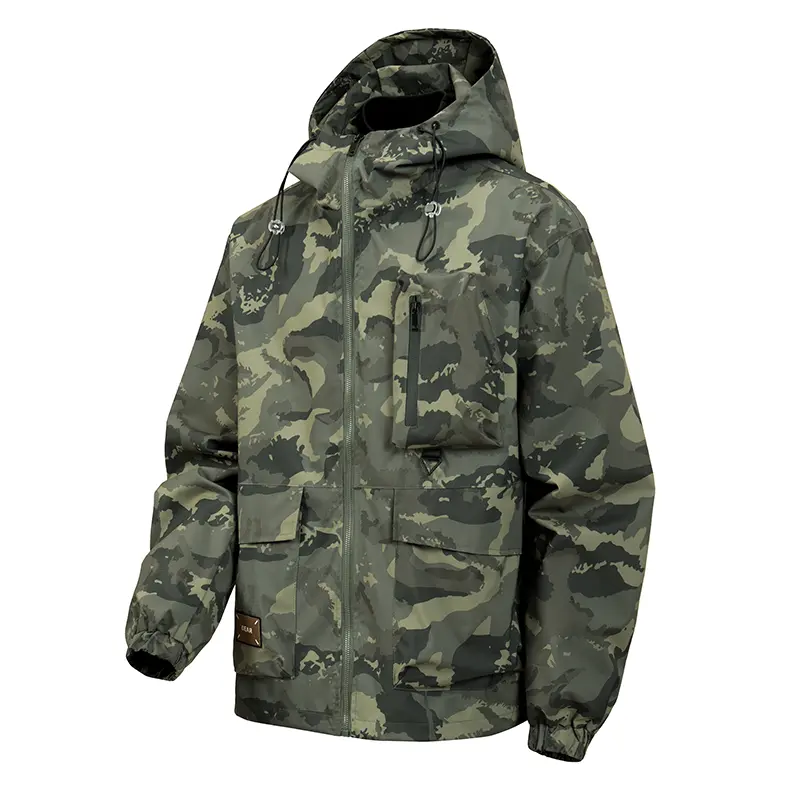 Men’s Sport Outdoor Clothing Windproof Waterproof Lightweight Hooded Camouflage Spring-Autumn Jacket with Zippered Pockets, Suitable for Casual Wear & Outdoor Activities, Windproof Outerwear