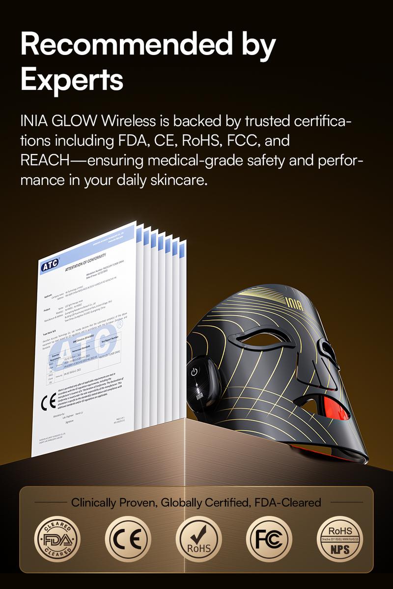 INIA GLOW Wireless LED Face Mask-With Red Light Therapy, 2-Year Warranty,  Portable and Rechargeable for LED Facial Mask Skincare at Home and Travel, Best Valentine's Day Gift for Her