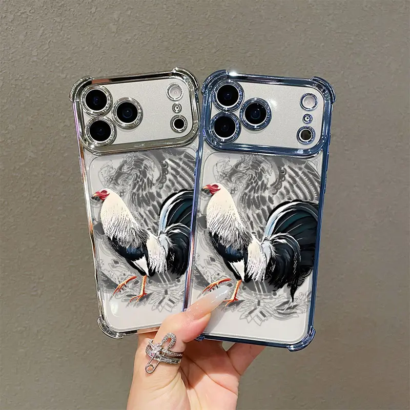 Electroplated Rooster Pattern TPU Protective Cover for iPhone 11-17 Pro Max, Customized 4-Corner Airbag Shockproof Transparent Phone Accessory with Protection, Accessories