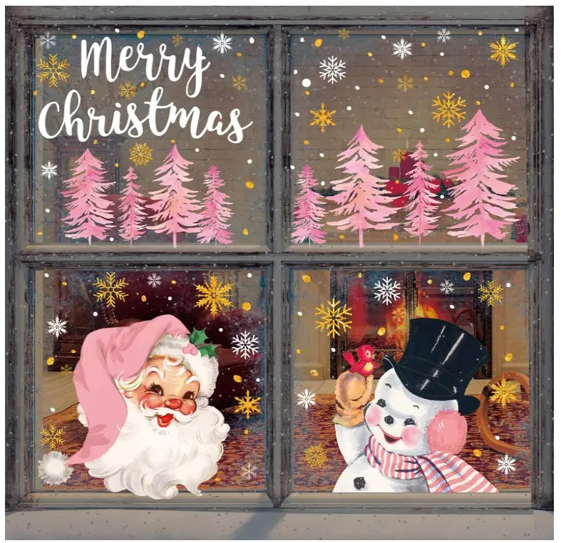 6 Sheets Christmas Window Clings Vintage Xmas Pink-Gold Santa Snowman Window Decals Double-Sided Winter Holiday Window Decor