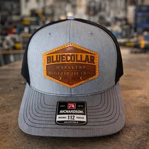 BLUECOLLAR WORKGEAR Heather Gray/Black Richardson 112 SnapBack with Laser Engraved Leather Patch