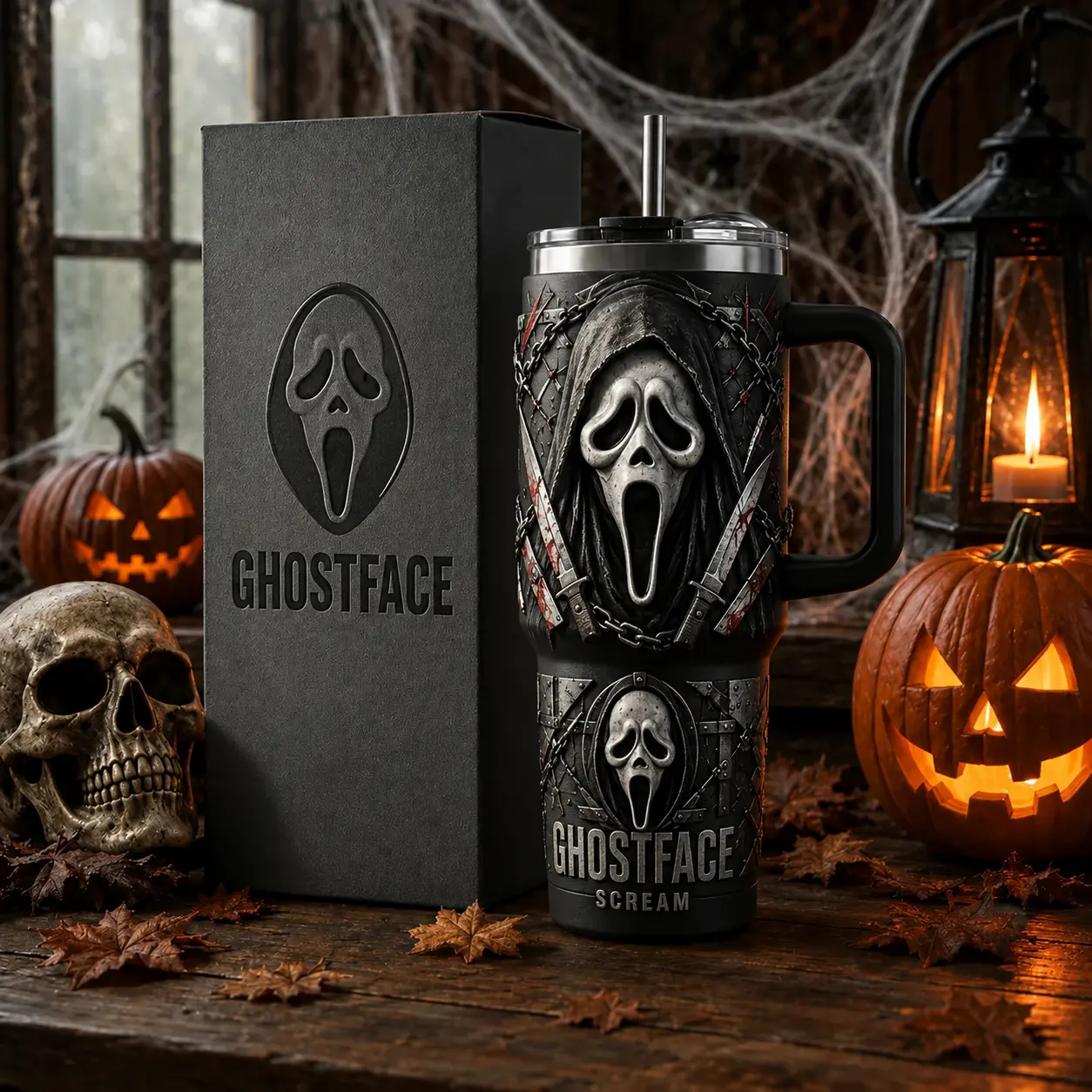 Ghostface Scream 40oz Stainless Steel Tumbler with Handle, Vacuum Insulated Travel Mug, Horror Movie Slasher Cup, Leak-Resistant Halloween Tumbler, Spooky Gift for Horror Fans