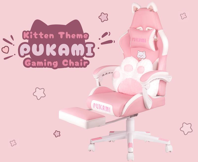 PUKAMI Pink Gaming Chair with Cute Cat Ears and Cat Paw Cushion Pillow,Ergonomic Gaming Chair for Teen with Footrest and Headrest Pillow,Pink Reclining Game Chair for Girl
