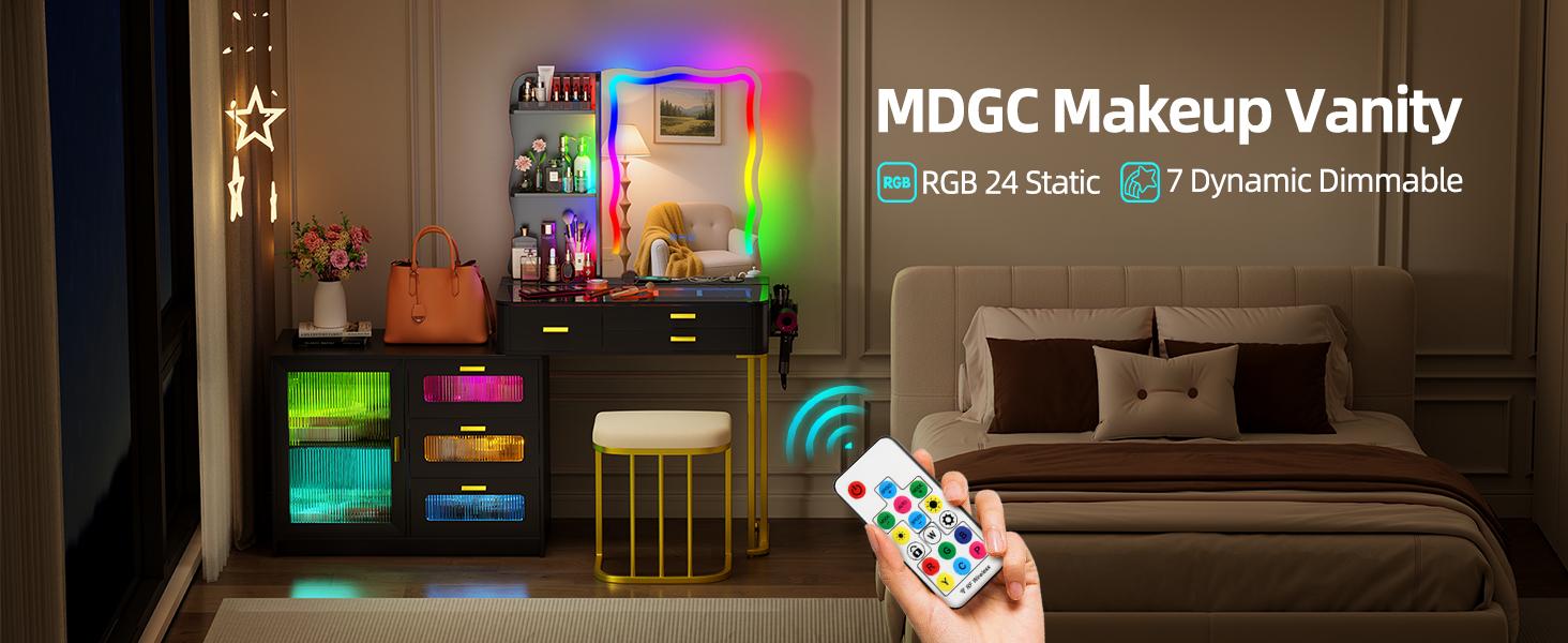 Miu Vanity Makeup Set with Irregular  Mirror Lights, Dressing Table with 6 Drawers, Adjustable Lighting, Charging Station, Vanity Makeup Table