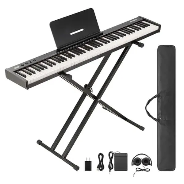 88-Key Semi-Weighted Electronic Keyboard Piano for Beginners - Portable Digital Practice Instrument with Stand, Power Adapter, Headphones, Carrying Bag, Metronome, Bluetooth, 128 Rhythms, 129 Tones, Built-In Record and Play Function, Composition Support,,